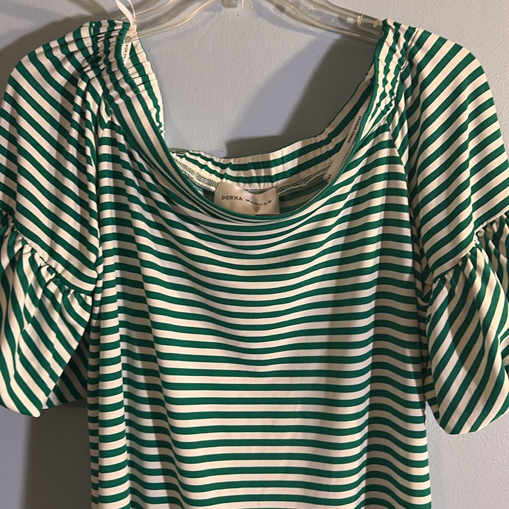 Donna Morgan Green and White Striped Mini Dress Size 12 - Picture 2 of 8